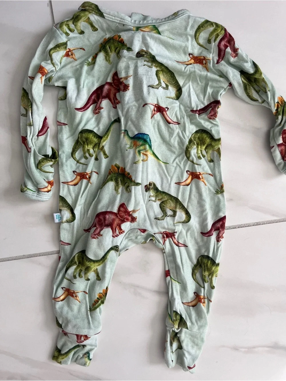 Posh Peanut Mint Dinosaur Print Footed Pajamas with Multicolor Dinosaurs